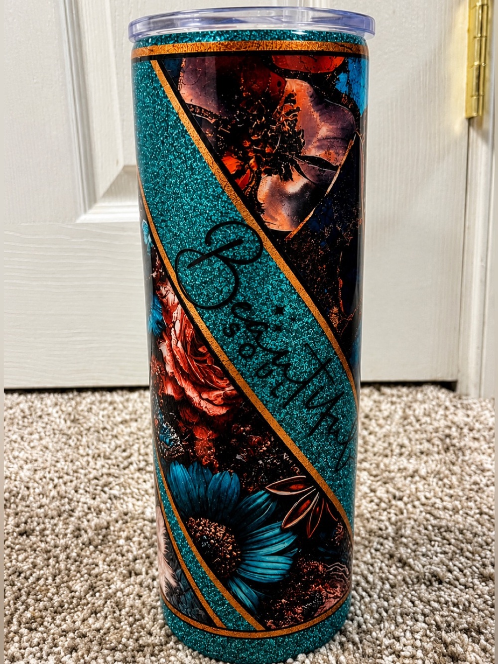 Handmade Western Country Cowhide Teal Glitter Floral Slim Tumbler beautiful soul - Picture 3 of 3